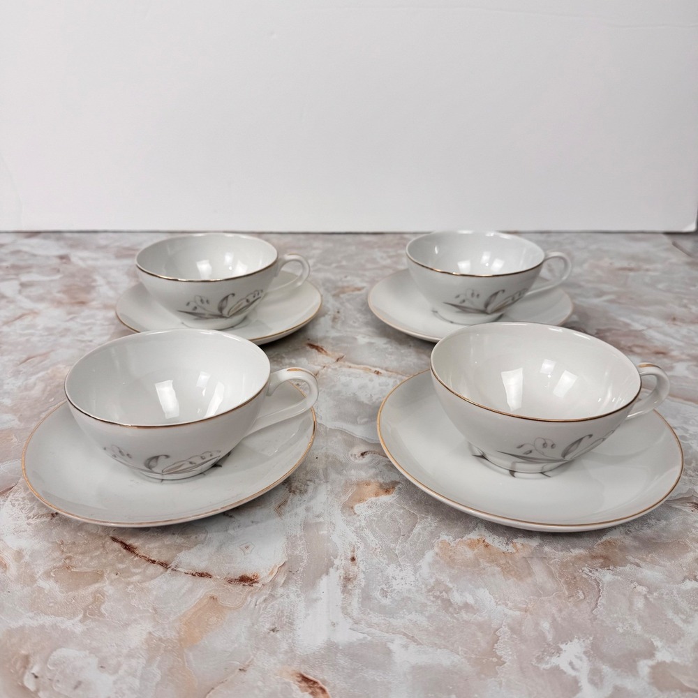 Kaysons Golden Rhapsody Tea Cup Saucer 8pc White Gold Lily of the Valley Japan